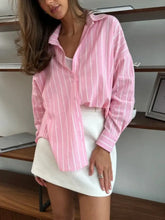 Striped Collared Neck Long Sleeve Shirt OutfitFlow